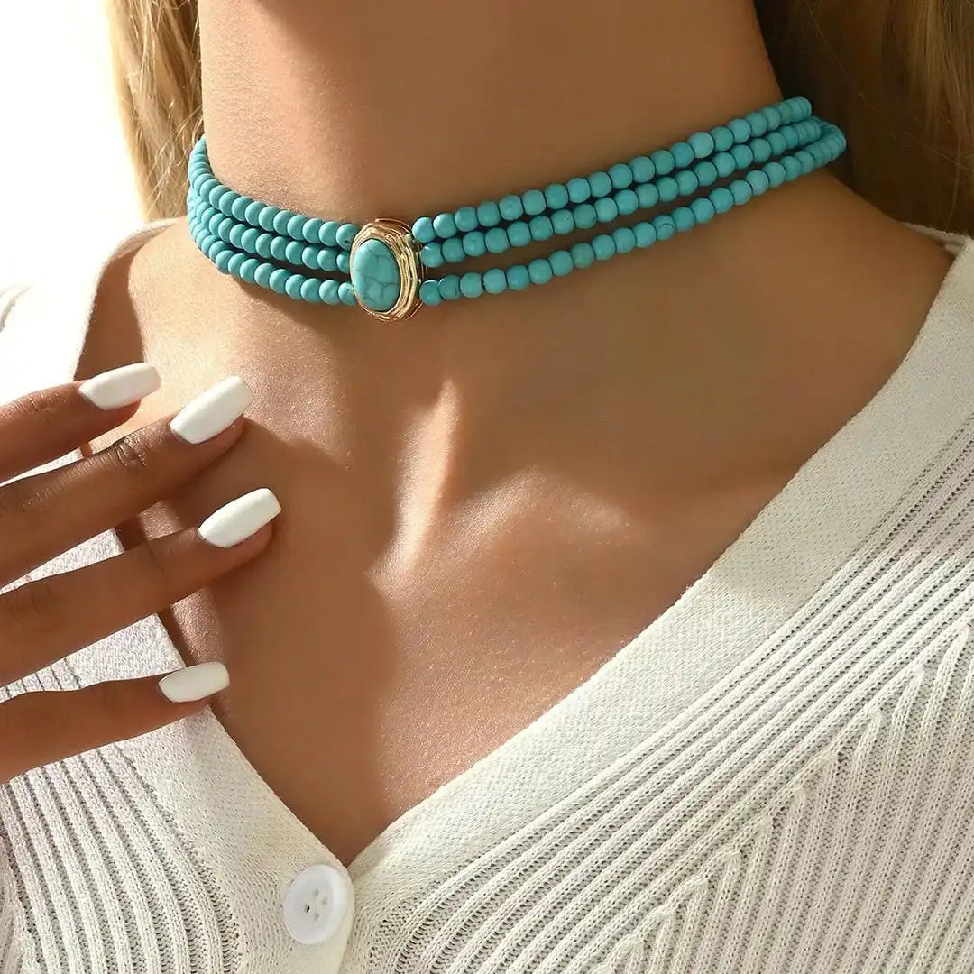 Elegantný Vintage Tyrkysový Korálkový Náhrdelník