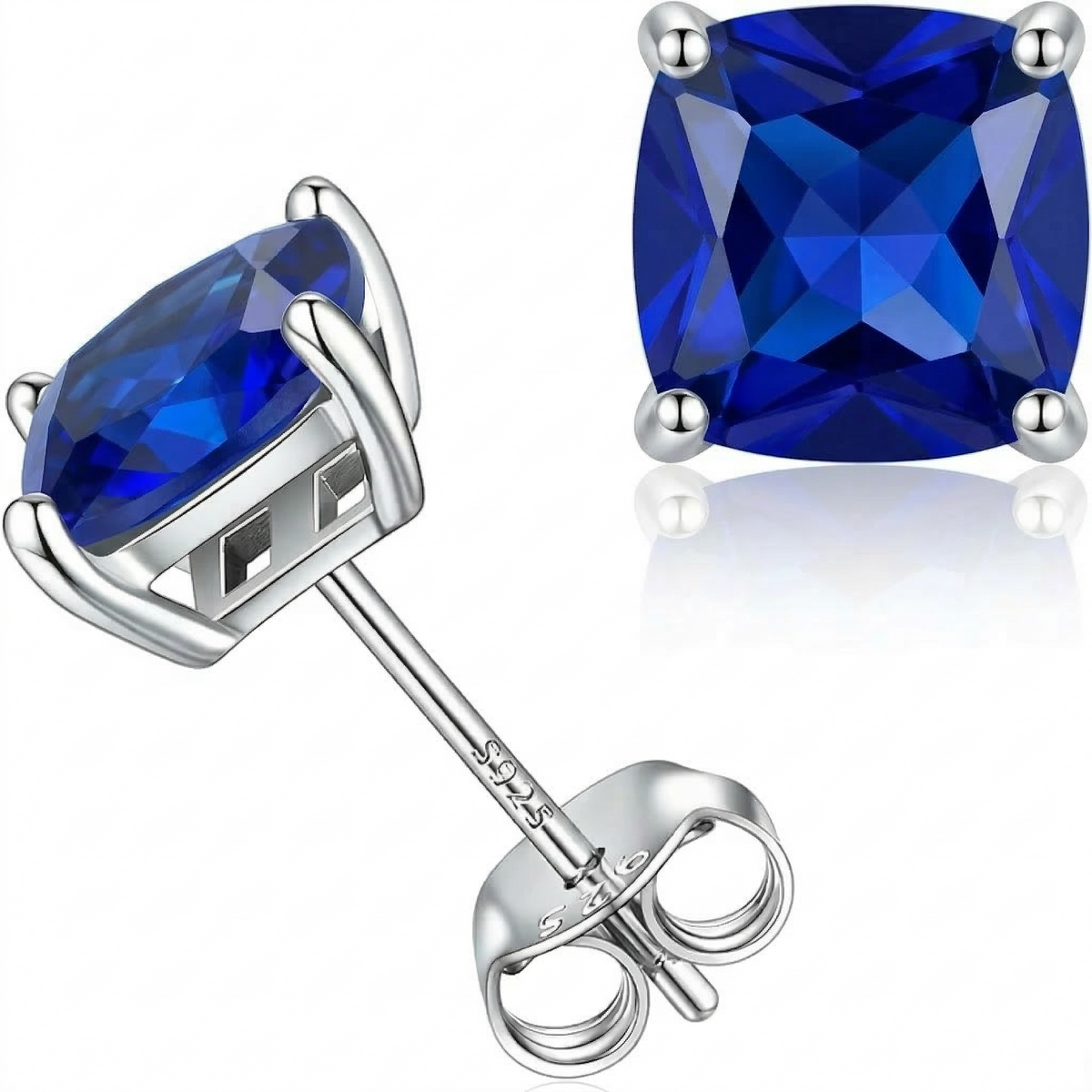 Minimalistiniai princess cut safyras auskarai (smeigtukai) | Baltas auksinis