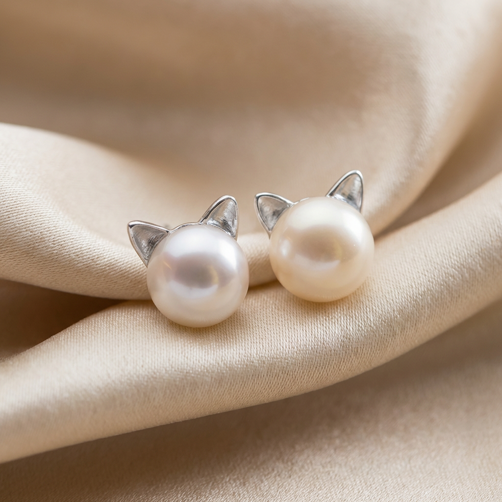 "Purrfectne elegantné" perlové náušnice s mačkou - striebro